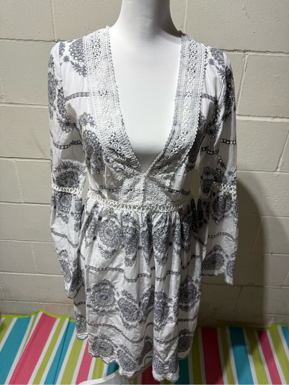 White Crochet Trim Dress with Gray Medallion Print